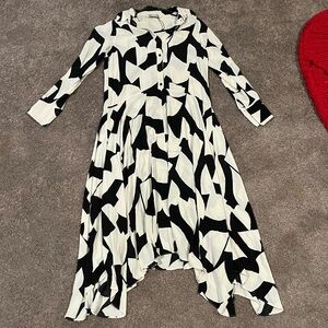 Zara Black & White Abstract Asymmetrical Midi Dress, Long Sleeved, XS